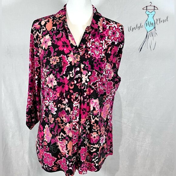 Emily Daniels black pink and orange floral print button down top size large NWT - Picture 1 of 8